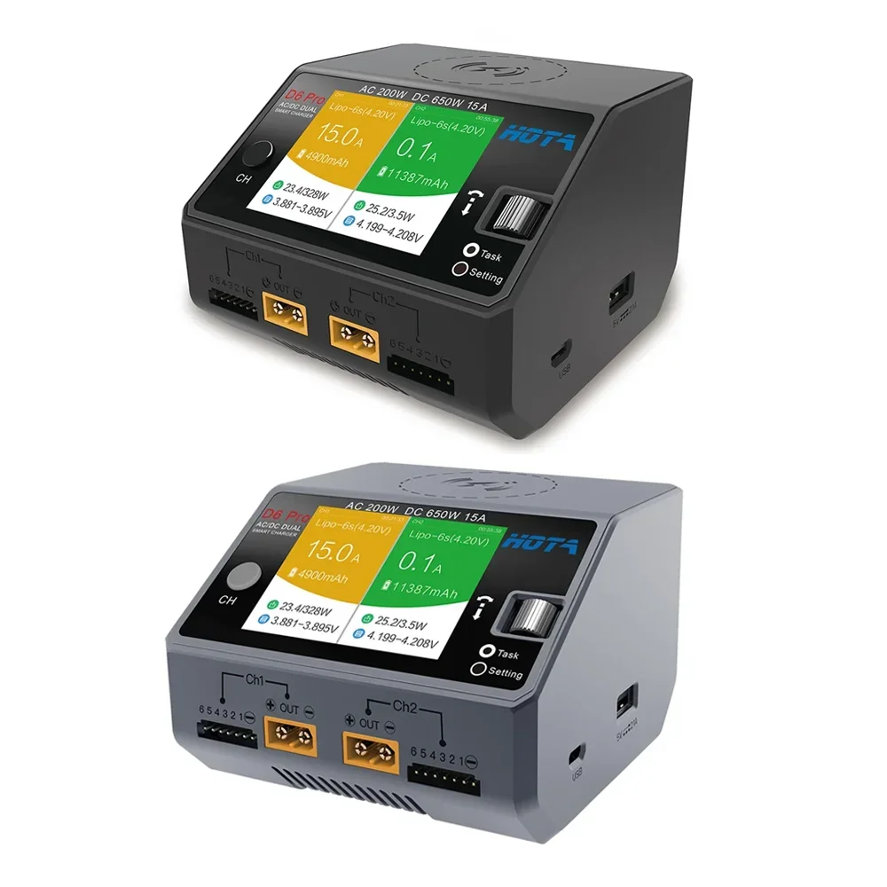 HOTA D6 Pro 200W AC/650W DC Cargador dual con carga inalámbrica para baterías de drones NiZn/NiCd/NiMH RC