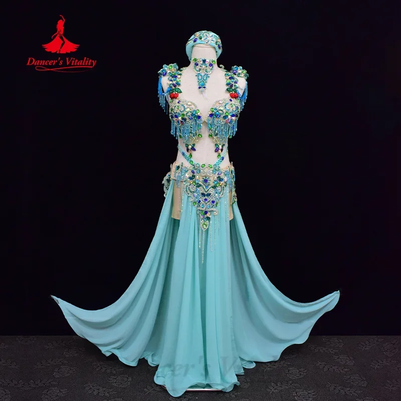 BellyDance Performance Costume Women\'s Customized Senior AB Stones Bra+Sexy Split Chiffon Long Skirt 2pcs Oriental Dance Outfit