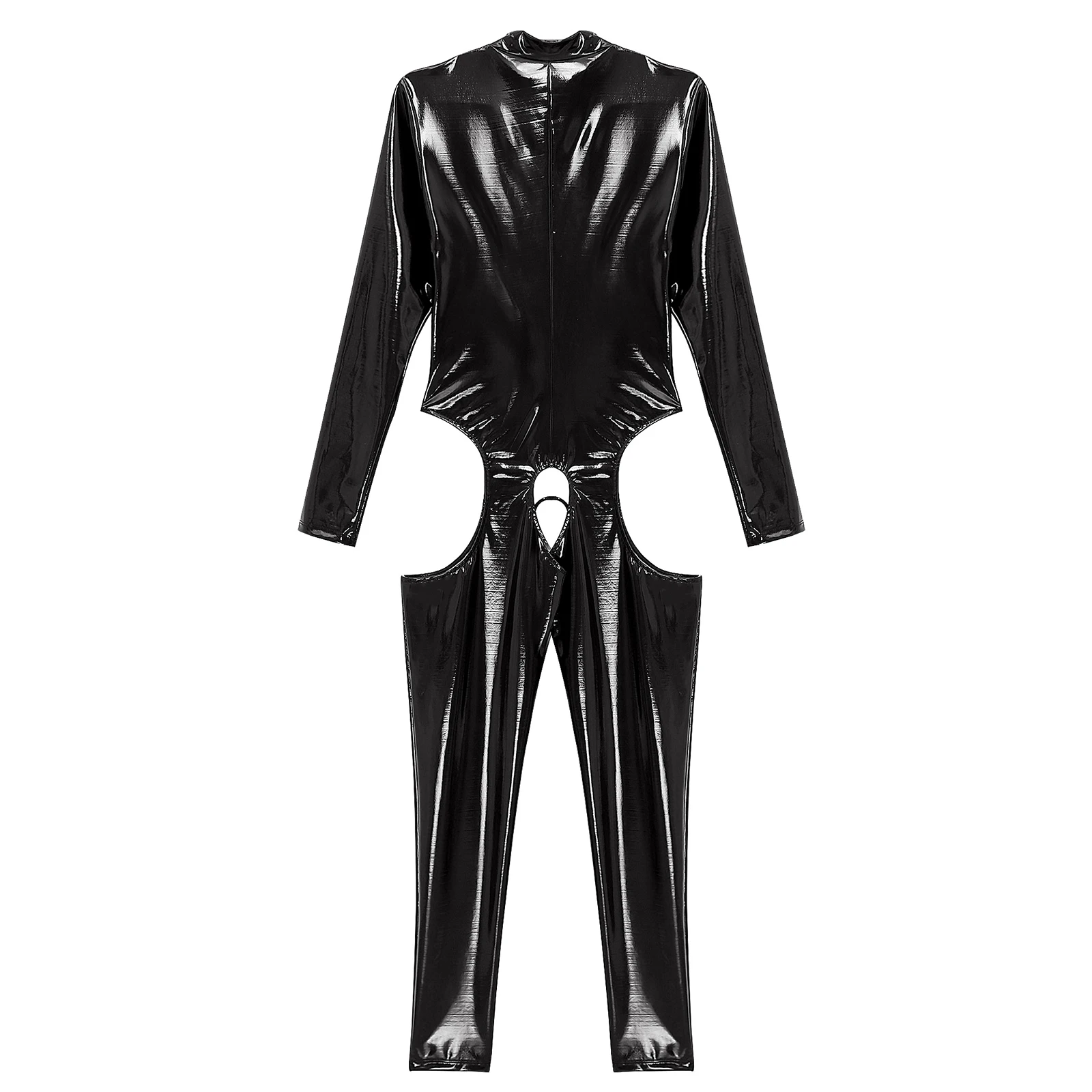 Women\'s Lingerie Hot Wetlook Zipper Bodysuit Sexy Hollow Out Crotch Jumpsuit Long Sleeve Crotchless Catsuit Rave Dance Clubwear