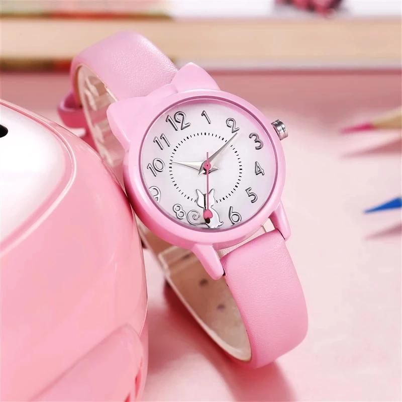 reloj para muje  Reloj de pulsera para mujer y niño, pulsera informal con correa de cuero, bonito gato