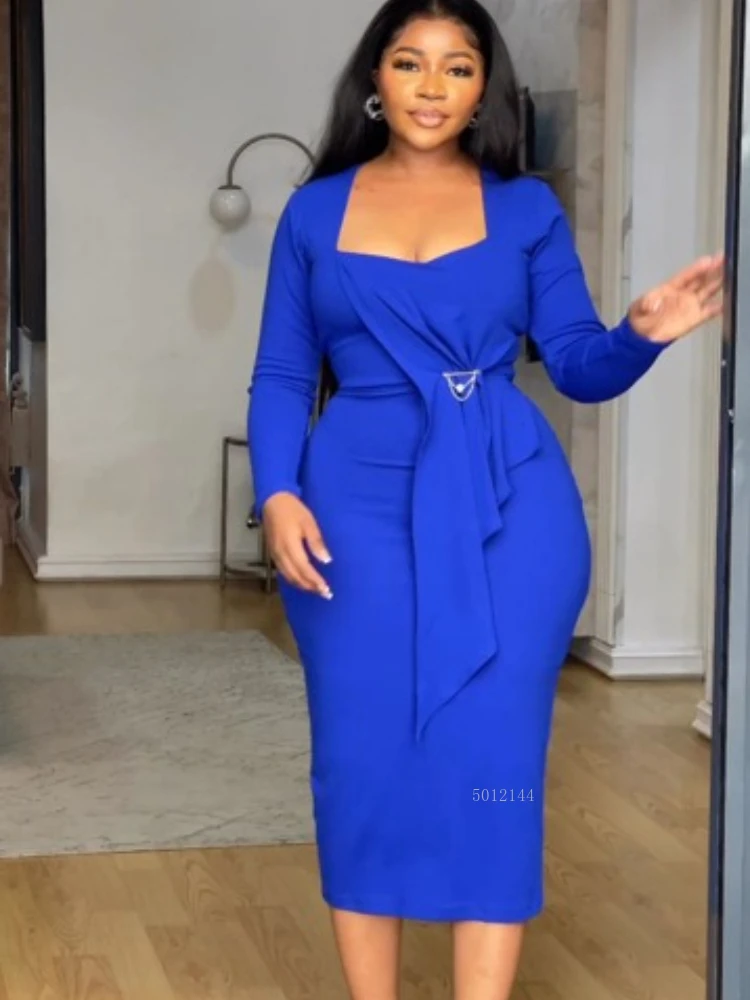 

2026 Women Elegant Church Dress Square Collar Long Sleeves Waist Draped Slim Bodycon Office Ladies Daily Autumn Winter Outfit