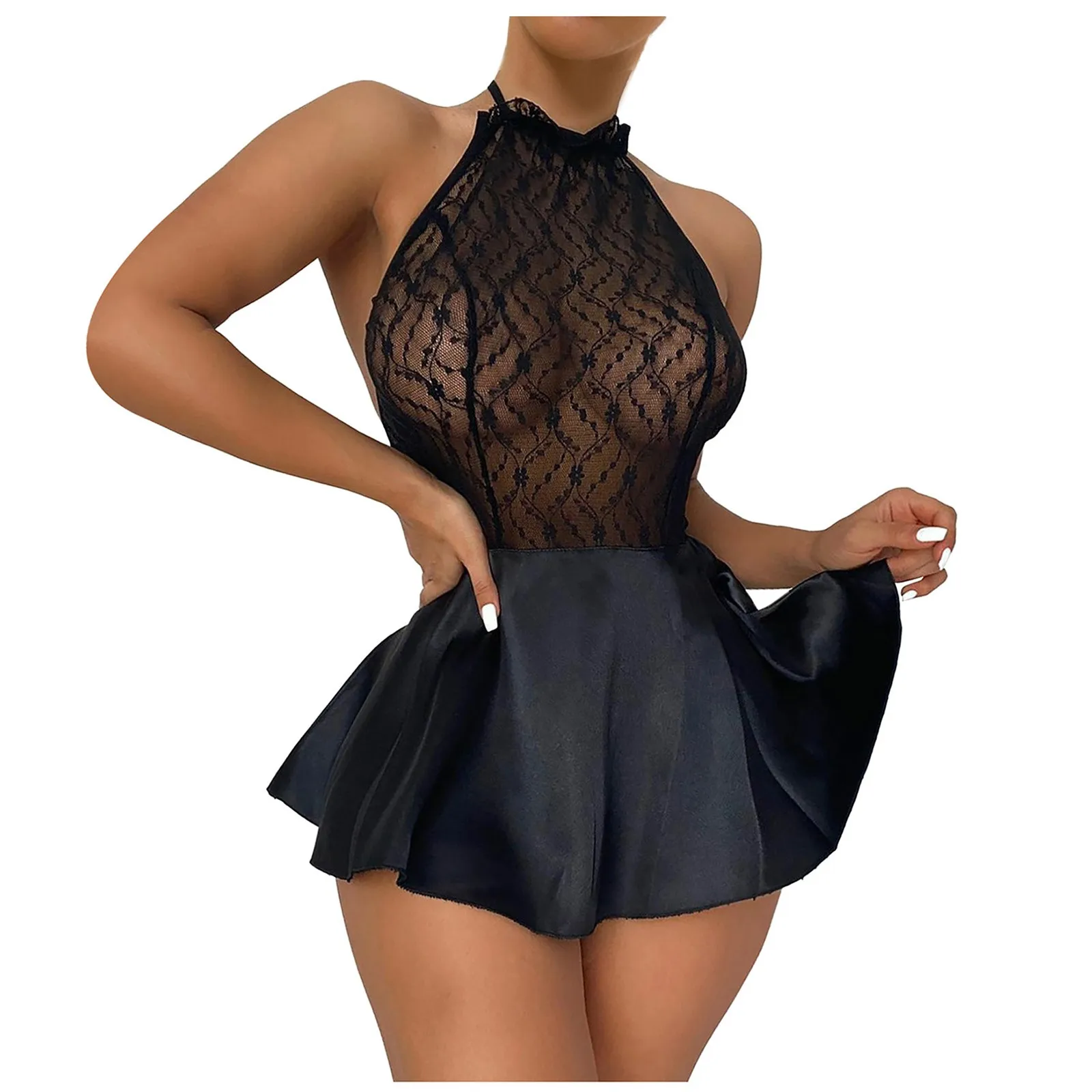 

Women' Fashion Solid Color Strap Sexy Lace Nightdress Underwear Hot Sexy Hollow Out Neck-mounted Black Color A-line Mini Dress