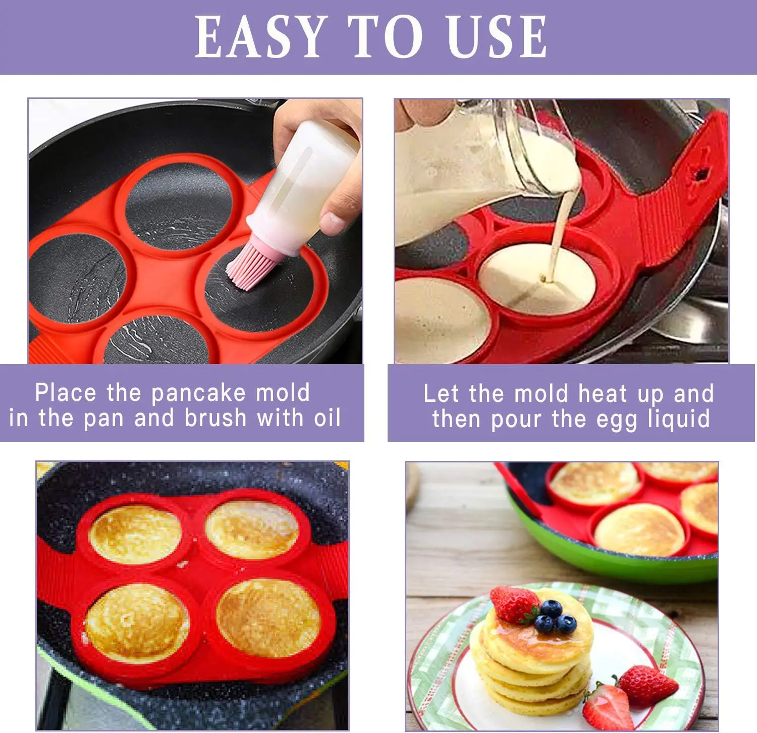 Flip N Cook Silicone Pancake Mold 2 Pack Flip and Cook Mini Pancake Makers for Griddle Reusable Egg Mold for Kids Baking Tools