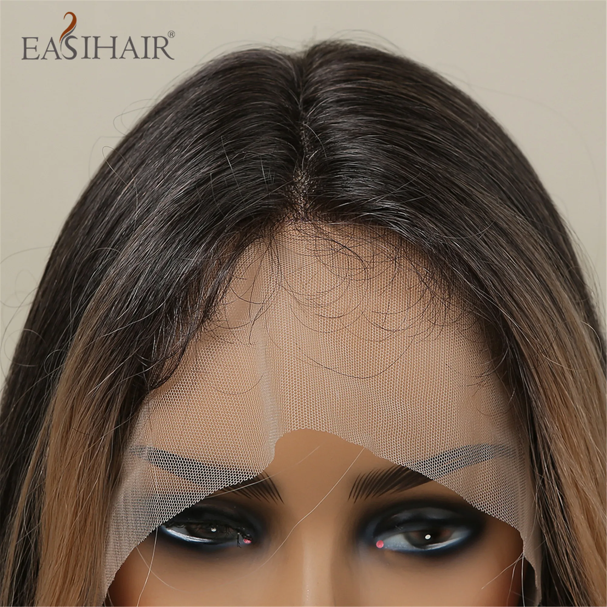 EASIHAIR Long Wavy Synthetic Lace Wigs with Baby Hair Ombre Black Brown T Part Lace Wig for Women Daily Cosplay Heat Resistant