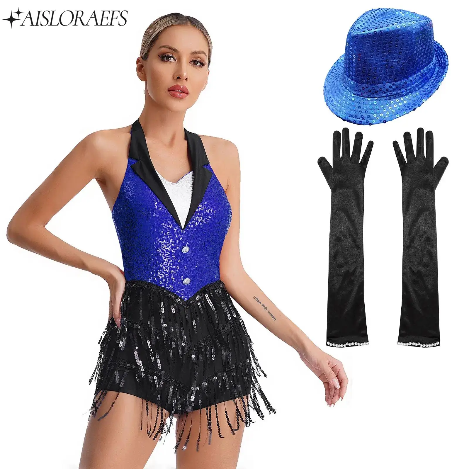 

New Jazz Latin Dance Performance Outfit for Womens Sparkly Sequins Jumpsuit Sleeveless Tassel Leotard with Gloves Hat Dancewear