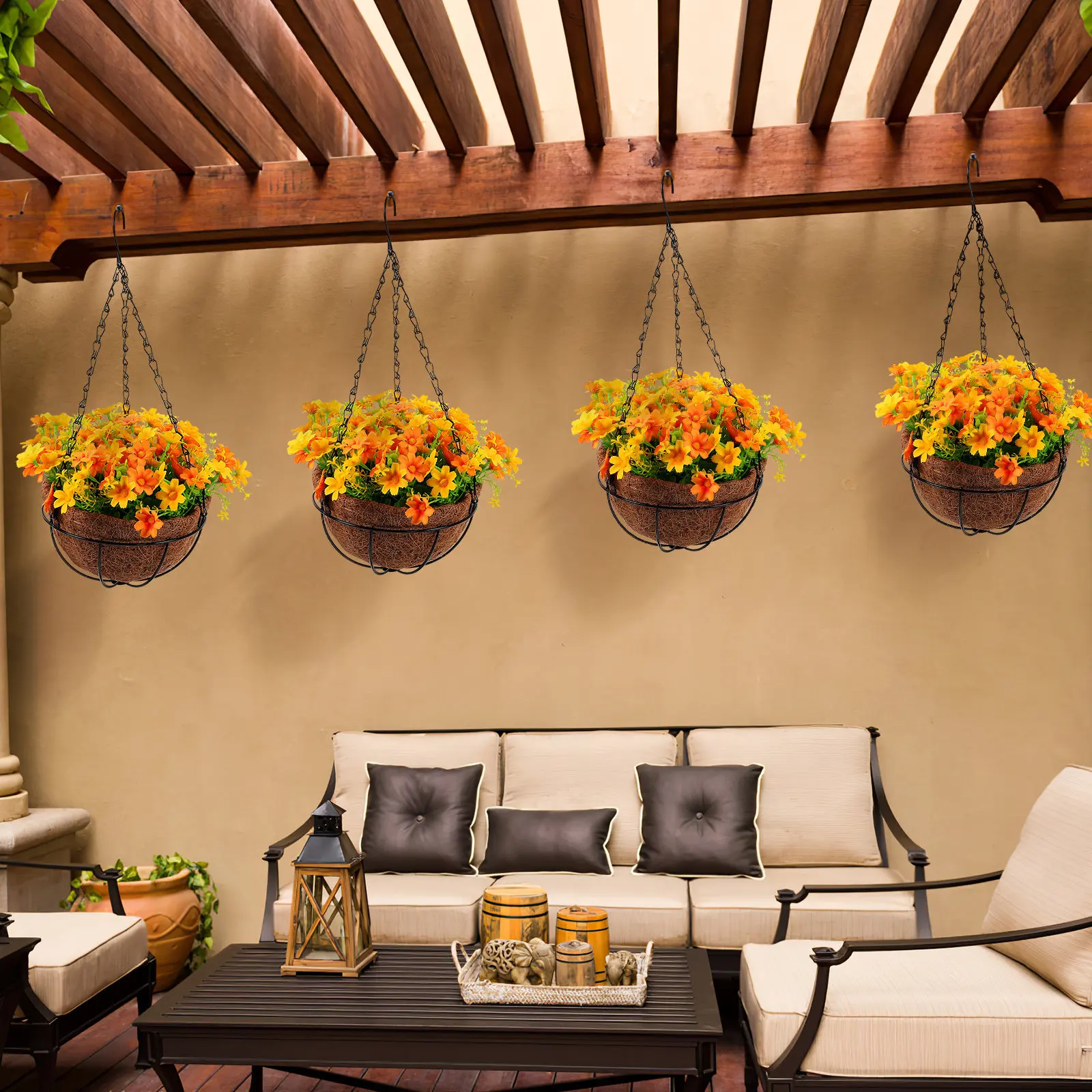 Hanging Flower Basket Rustic Artificial Flowers Balcony Garden Yard Decoration Hanging Planter Fake Plant Display
