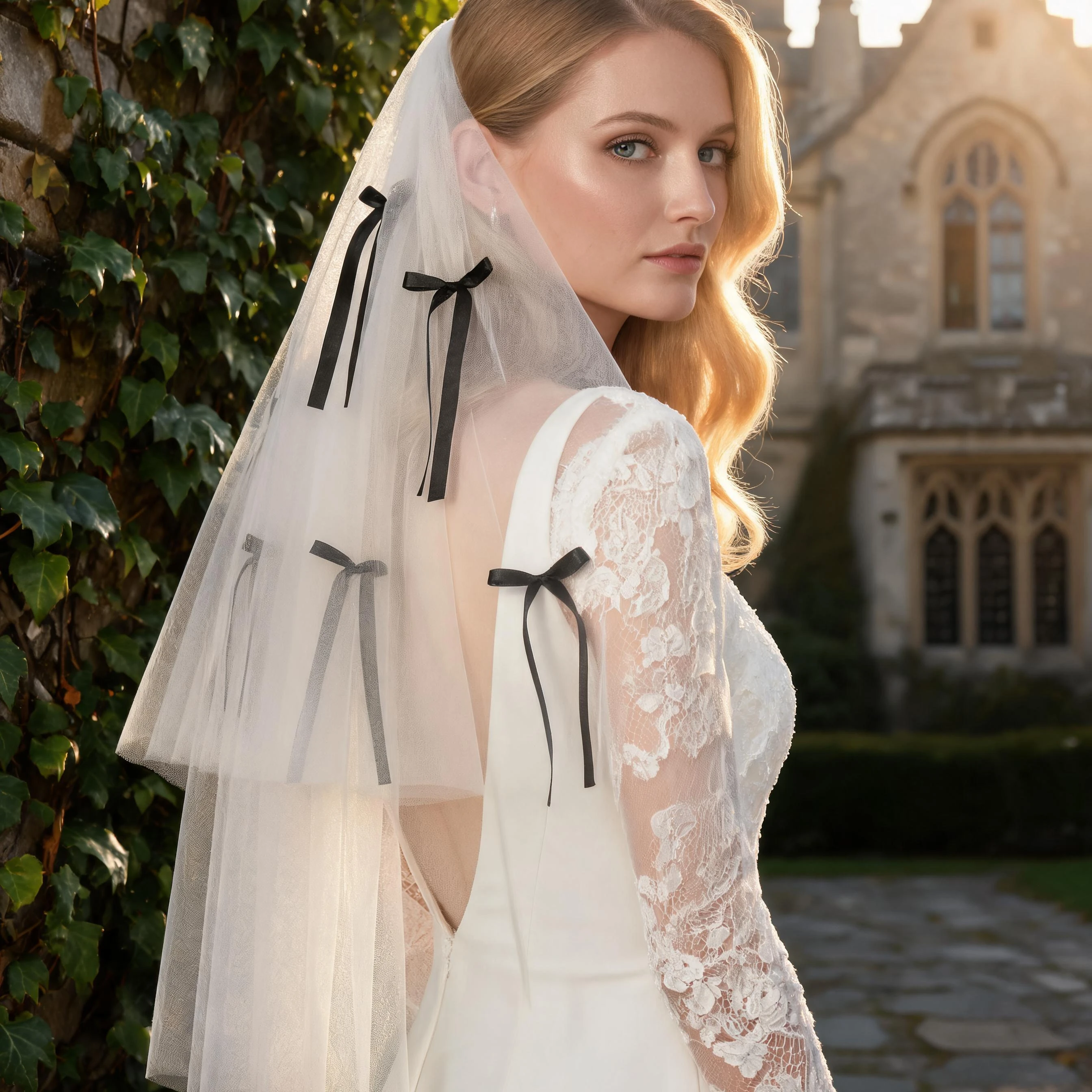 Elegant White Bridal Veil with Delicate Black Bow Decorated Wedding Veil Bridal Tulle Head Accessories for Ceremony G144