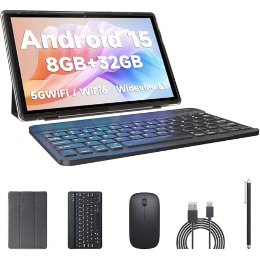 

10-дюймовый планшет на Android 15 с клавиатурой, мышью, стилусом, 8 ГБ ОЗУ + 32 ГБ ПЗУ, аккумулятор 6000 мАч, IPS-экран 10.1 дюйма, двойная камера 2 МП + 8 МП, Wi-Fi