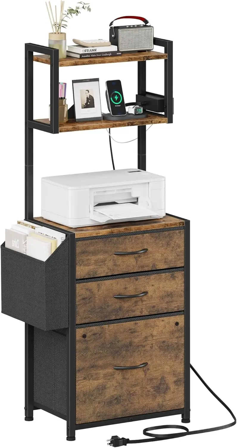 

3 Drawer File Cabinet with Charging Station (2AC&2USB),3-Tier Tall Filing Cabinet forHome Office withStorage Shelf,Printer Stand