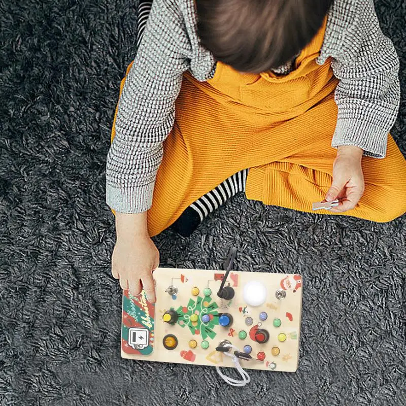 Fidget Board papan Montessori dengan lampu LED, papan aktivitas sensor kayu anak laki-laki dan perempuan umur 1-6 tahun hadiah