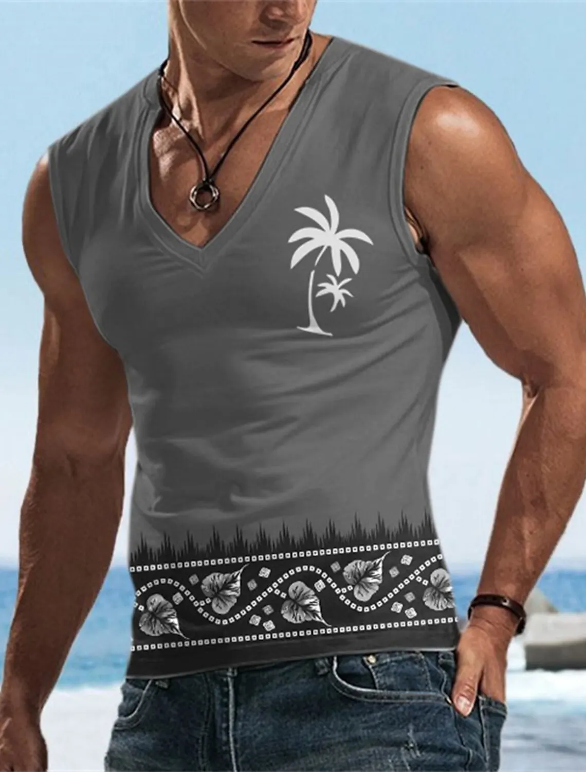 Men\'s Coconut Tree Print Sleeveless Hawaiian Tank Top Casual Beach Tank Top O Neck Shirt Mens Fitness Clothing Bodybuilding 2023