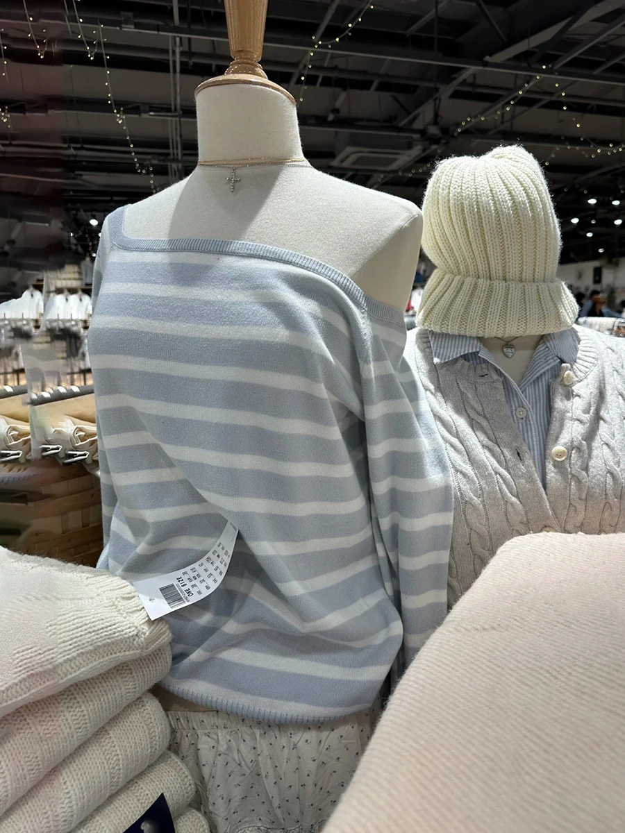 

Light Blue Striped Knitted Sweater Woman Autumn Slash Neck Cotton Long Sleeve Jumpers New Preppy Style Sweet Pullover Y2k Tops