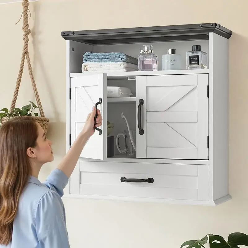 Badezimmer-Wandschrank, 2 Türen und verstellbare Ablage, Medikamentenschrank über der Toilette, Hängeschrank mit Schublade und offener Trennwand für Waschküche, Küche, Weiß