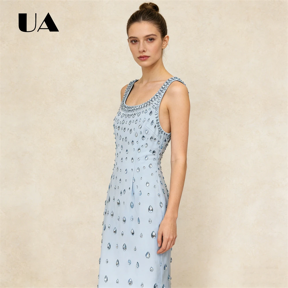 

Light Blue Sleeveless Maxi Dress with Crystal Teardrop Embellishments Square Neck Slim-Fit Formal Dress for Women