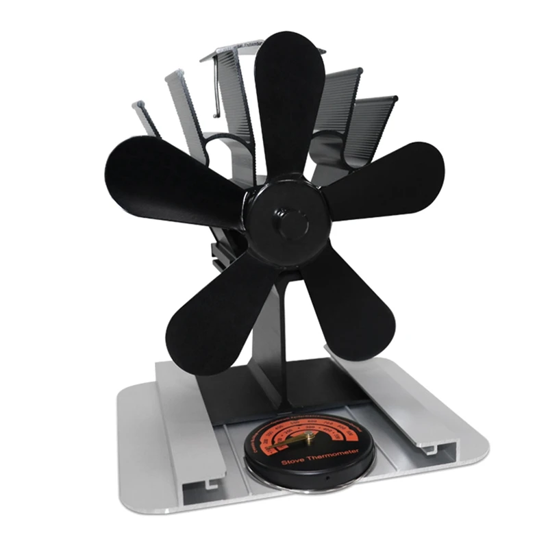 Wood Stove Fan 5-Blade Heat Powered Stove Fan With Thermometer For Wood/Log Burners/Fireplaces/Heaters