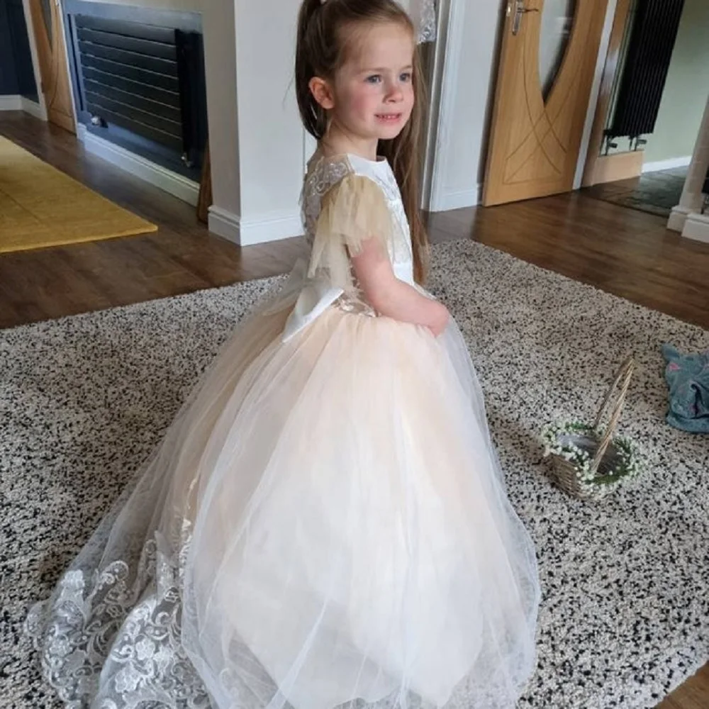 Glinsterende Prinses Meisje Tule Baljurk Champagne Kant Tutu Bloem Meisje Jurk Bruidsmeisje Jurk Meisje Voor Bruiloft Verjaardag Outfit