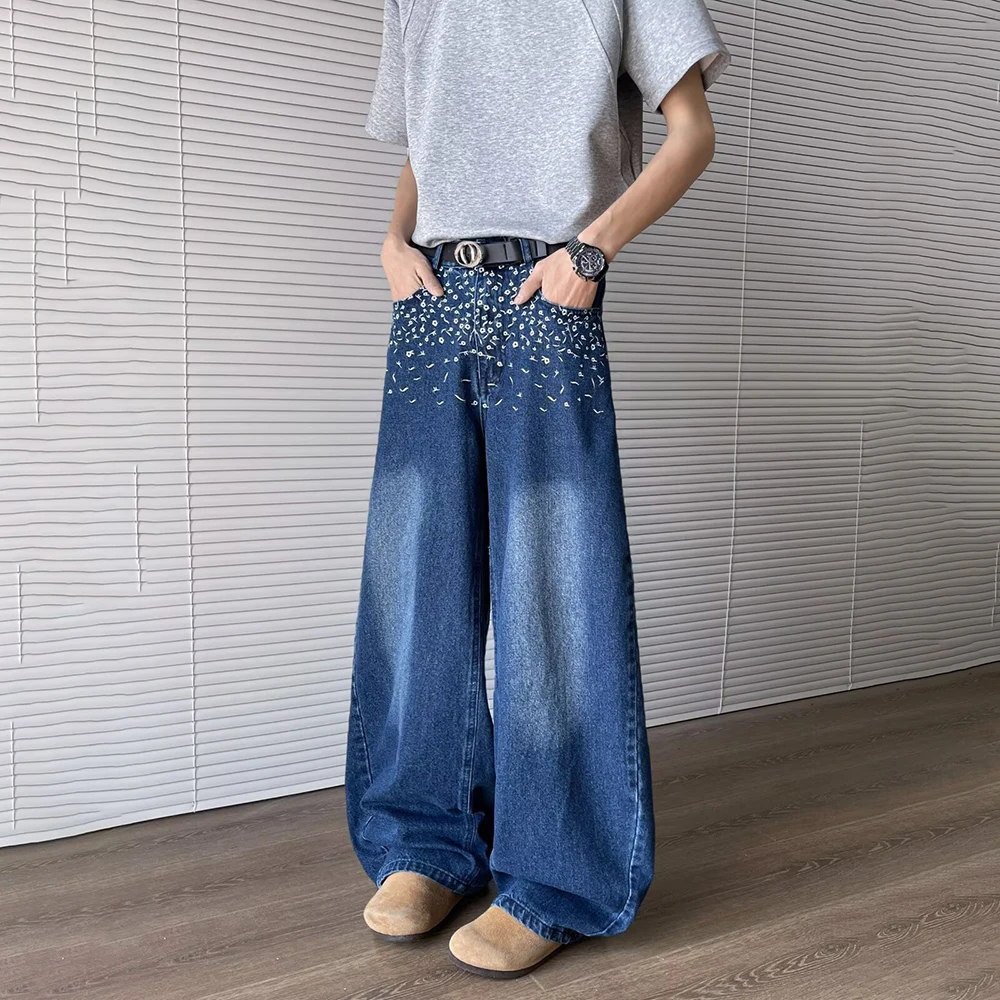 

Summer New Men's Contrast Color Embroidered Jeans American Retro Fashion Trend Leisure Loose Breathable Niche Men's Bottoms