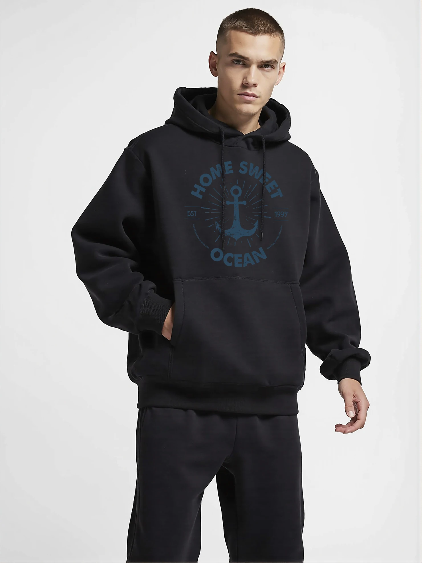 Home Sweet Ocean Hooded Man ship's Anchor Hoodies fur-liner Casual Men Hoodie Soft Spring Autumn Clothing