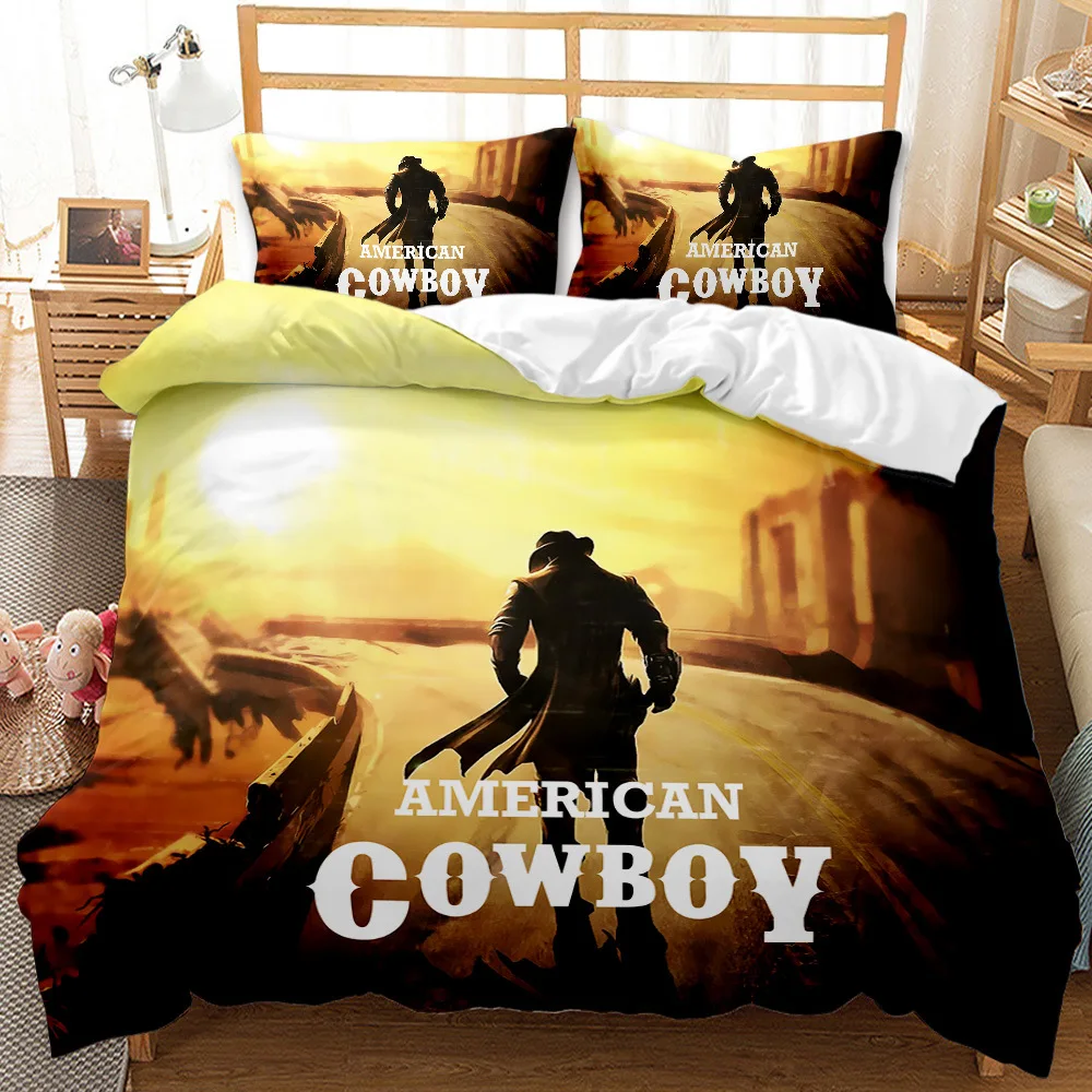 American Western Cowboy King Queen Duvet Cover Vintage Wilderness Sunset Bedding Set for Men Horse 2/3pcs Polyester Quilt Cover