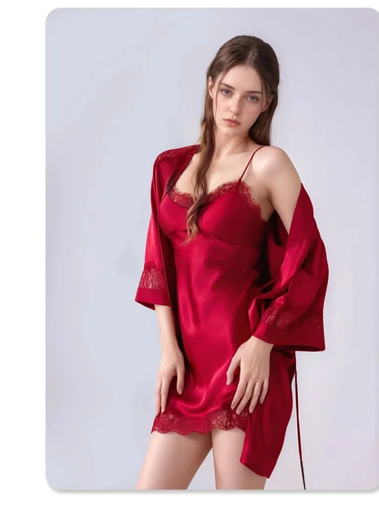 

Комплект из 100% шелкового халата и ночной сорочки: женские сексуальные кружевные кимоно-халаты и ночные рубашки, однотонное сексуальное белье, халат-пижама