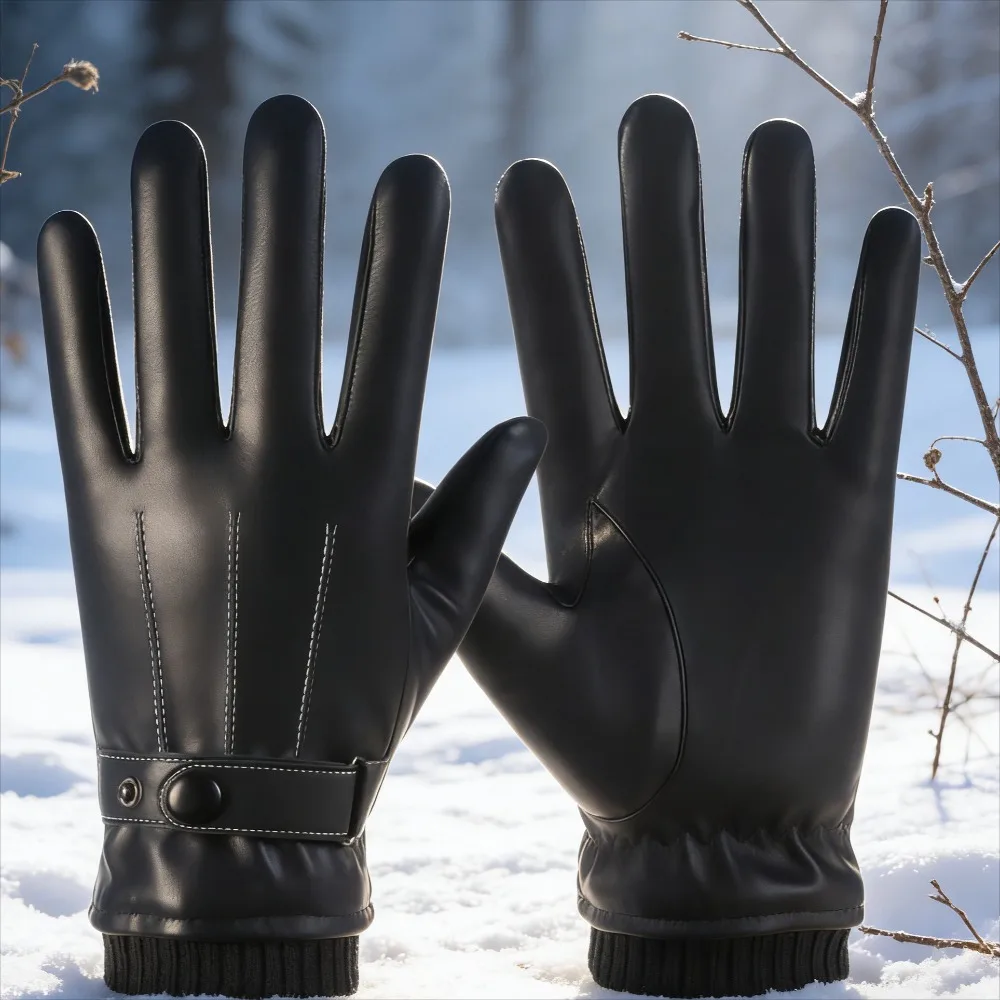 

Mens Winter PU Thermal Gloves Touchscreen Driving Cycling Fleece Lined Thickened Windproof Waterproof Warm Leather Gloves