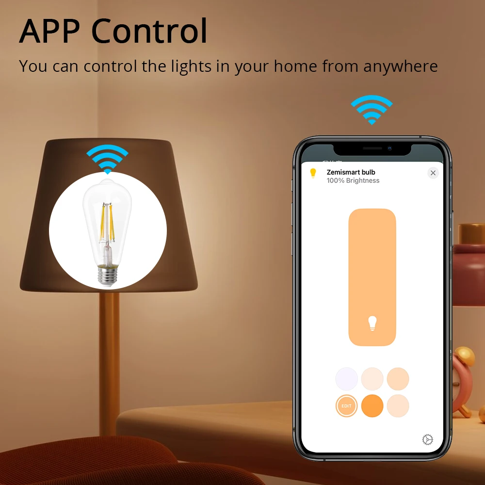 Matter WiFi LED Filament Bulb E27 Dimmable Tungsten Lamp ST64 SmartThings Homekit Alexa Google Home 220V Zemismart 7W Light