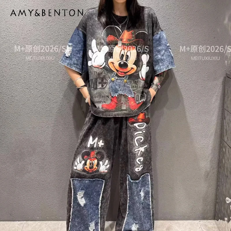 

Spring Summer New Heavy-washed Cartoon Youthful Suit Fashion Loose Oversized Short-sleeves T-shirt And Long Pants Two-pieces Set