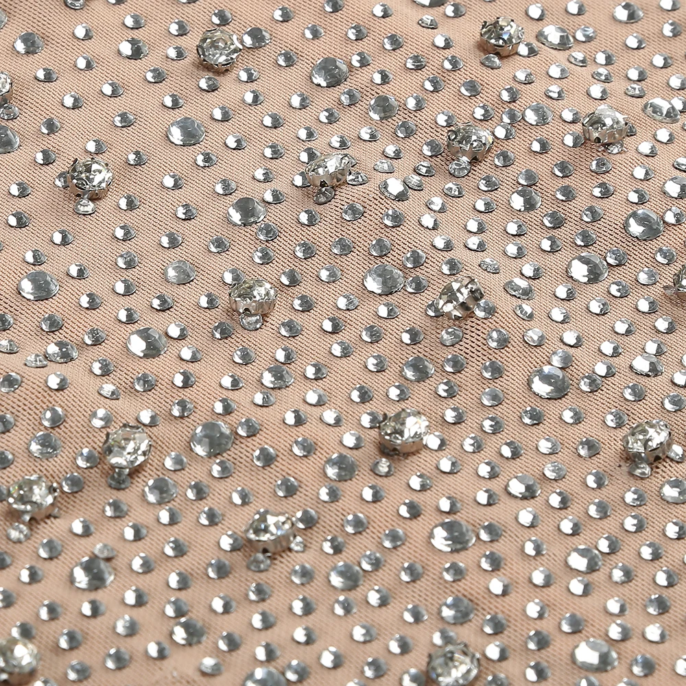 Robe longue en maille nue et cristal – Robe moulante transparente à manches longues pour soirée cocktail et fête d'anniversaire