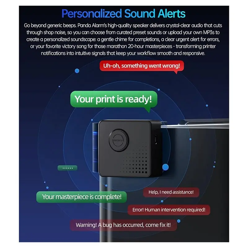 ABZW Custom Light& Sound Alert For Bambu Lab P1P P1S 3D Printers- RGB Status Indicator Wireless Sound Light Alarm Panda