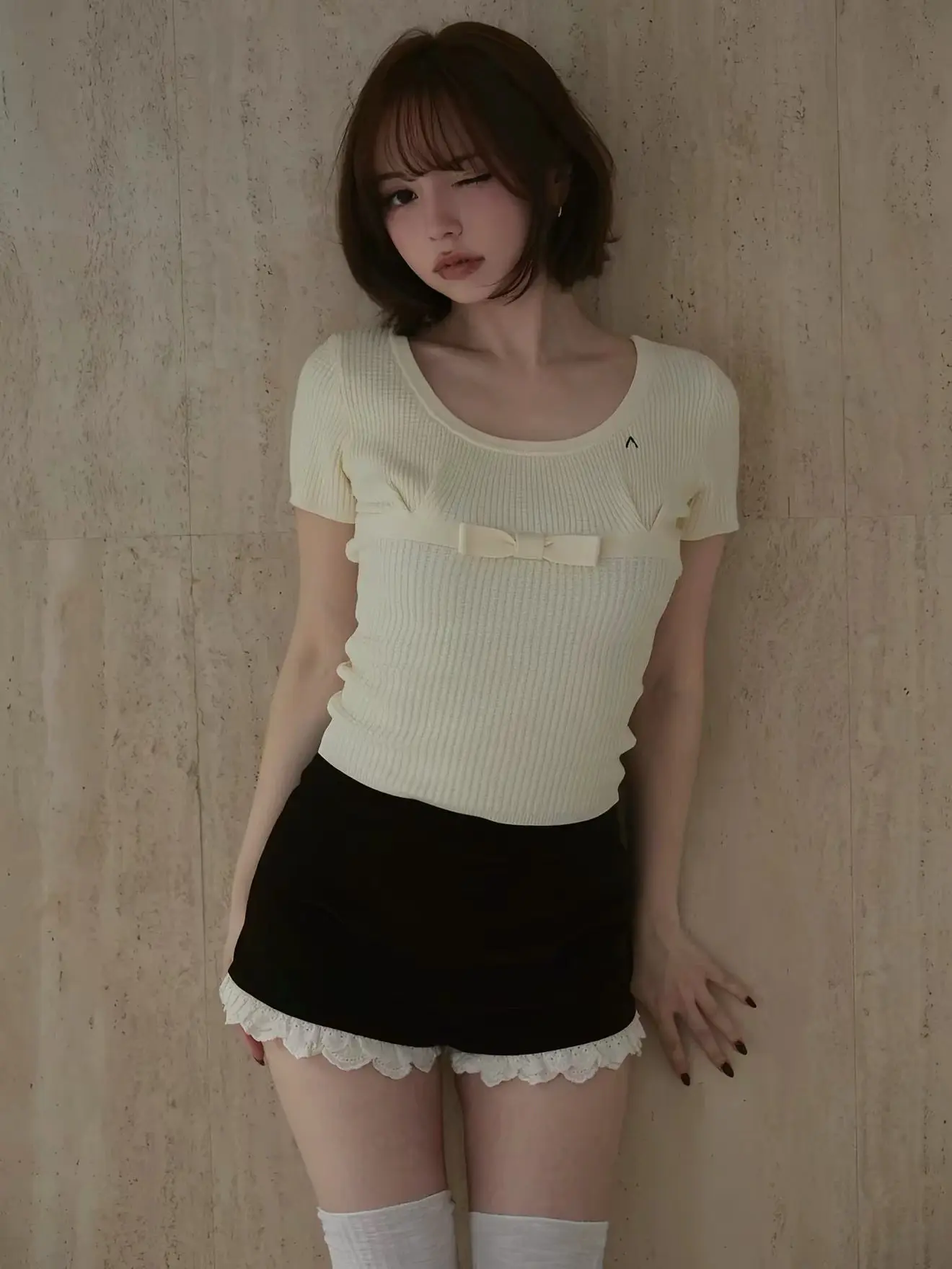 Square Collar Short T-shirt Summer 2026 New  Waffle Texture Bow Waist Slim and Thin Bottom Short-sleeved Women's Summer T-shirt