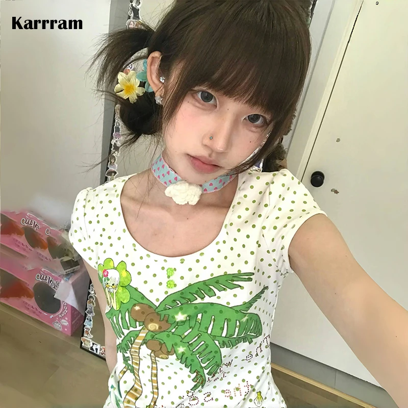 Karrram Japanese Y2k Kawaii T-shirt 2000s Aesthetics Coconut Tree Print T Shirt Vintage Harajuku Polka Dots Crop Tops Lolita 90s