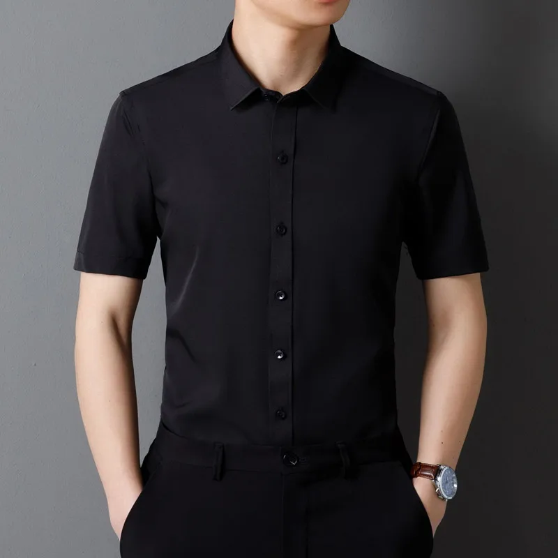 Classic Men\'s Shirt Summer Short Sleeve Business Formal Fit Soft Anti Wrinkle Social Smooth Workwear Blue Black Grey Large 5XL