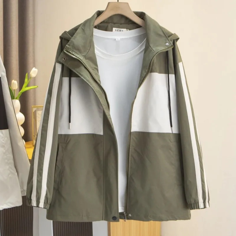 Chaqueta con cremallera para mujer, abrigo holgado de manga a rayas de dos colores, informal, con capucha, talla grande, Otoño, 2023