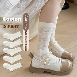 5 Pairs White Cotton Socks Girls Lolita Style Mid Calf Length Princess Sock Children's Autumn White Socks