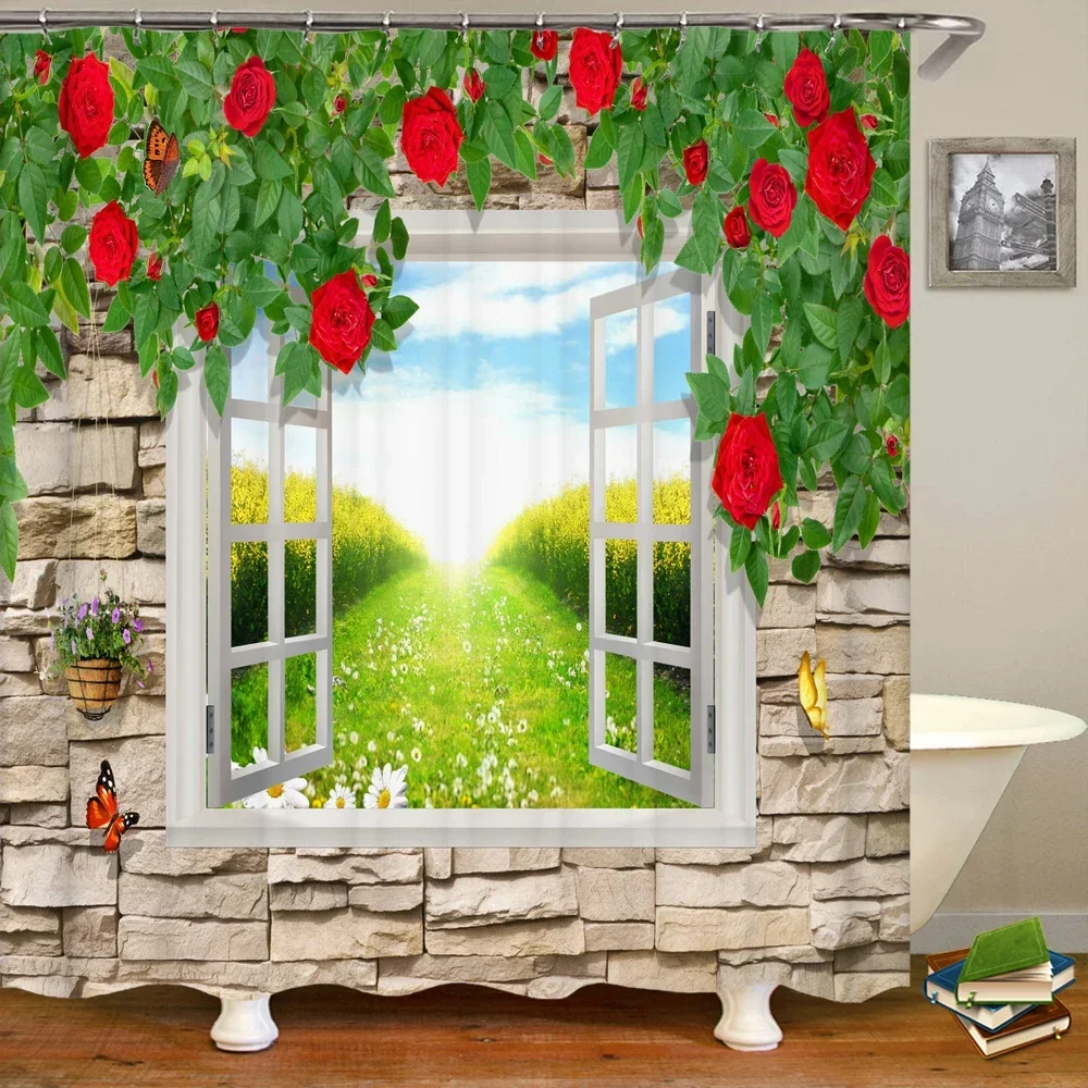 3D Printed European Rural Garden Flowers Scenery Shower Curtain With Hook Bathroom Waterproof Shower Curtain Home Decor Curtains