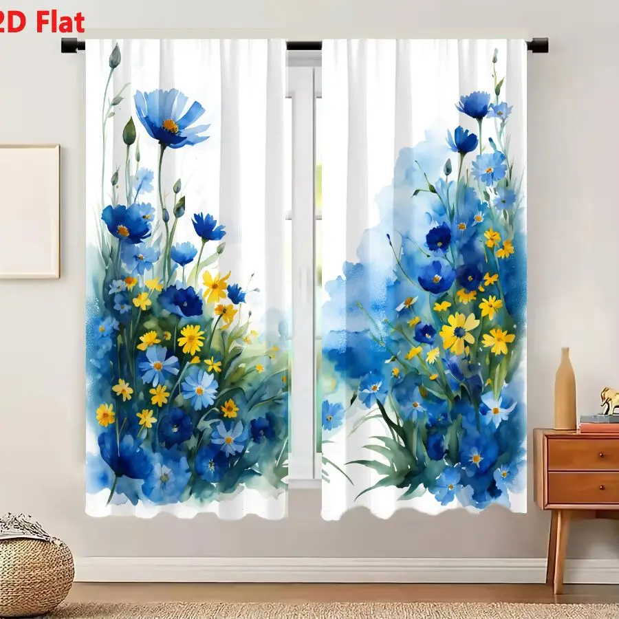 2Pcs Curtains 2D Flat Watercolor Style Blue Yellow Flowers Illustration Vibrant Arrangement White Background Delicate Petals Gre