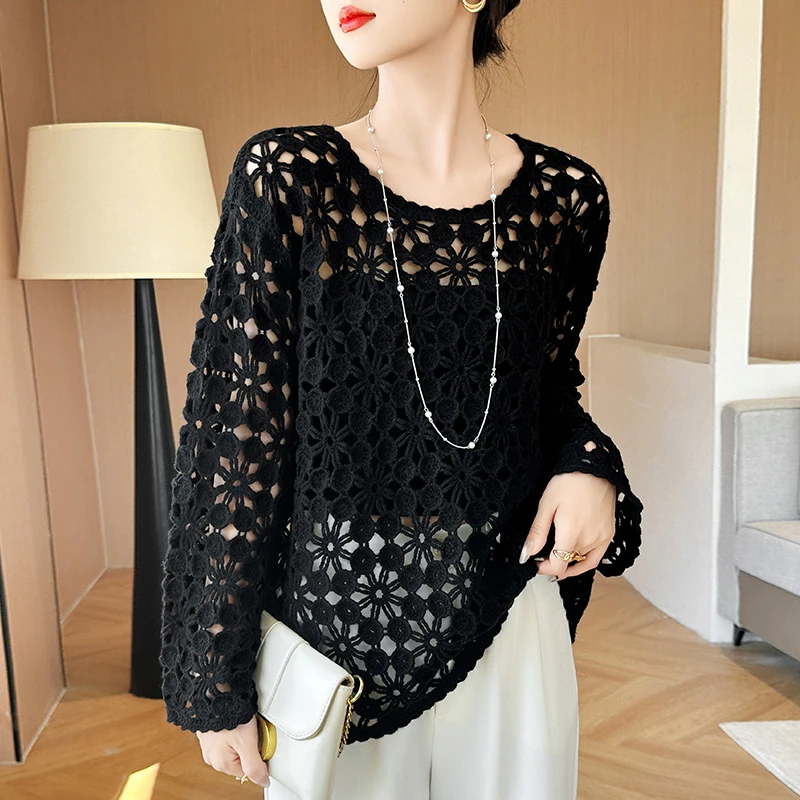 100% Merino Wool Round Neck Long Sleeve Pullover Woman 2024 Spring, Autumn Winter Crocheted Openwork Fashion Loose Sweater