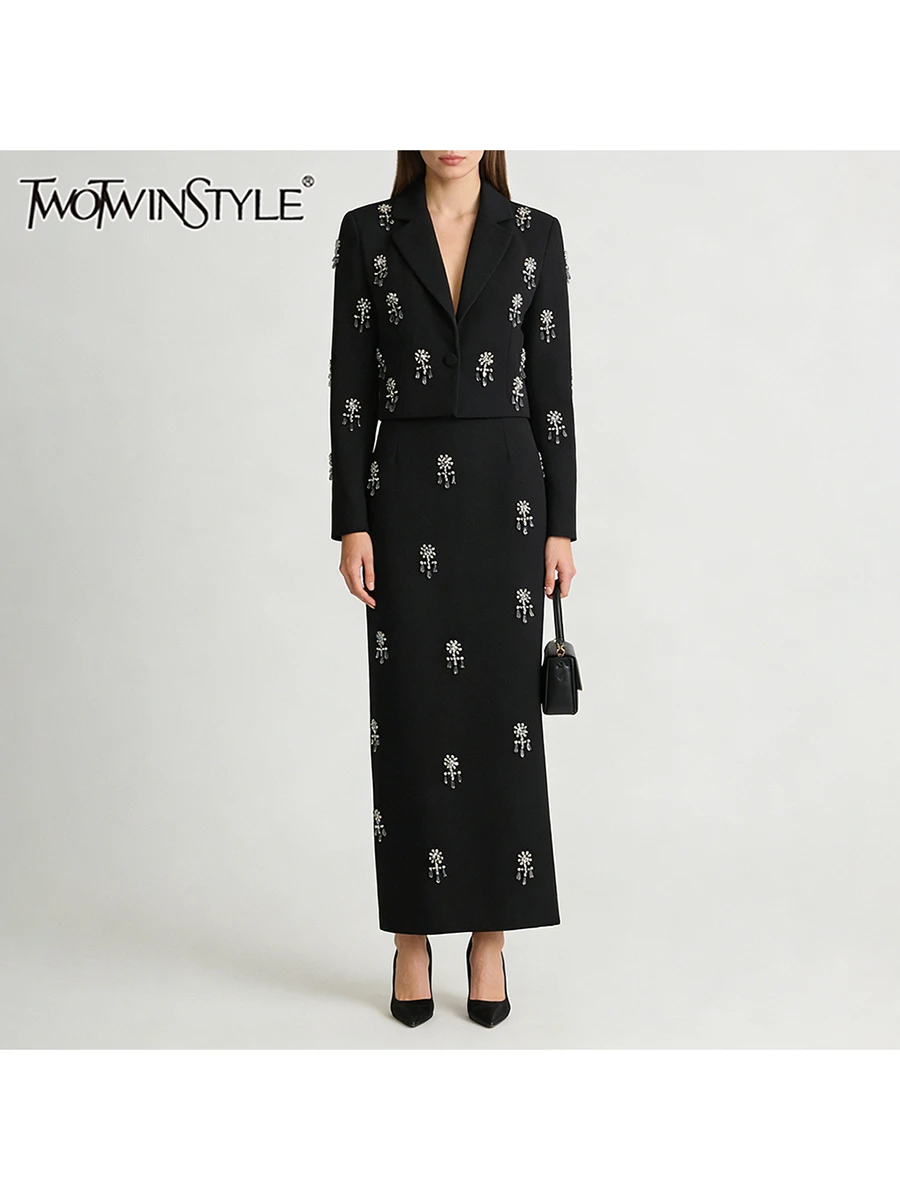 

TWOTWINSTYLE Elegant Spliced Diamonds Two Piece Sets for Women Lapel Long Sleeves Short Top High Waist Skirt Set Female Clothing