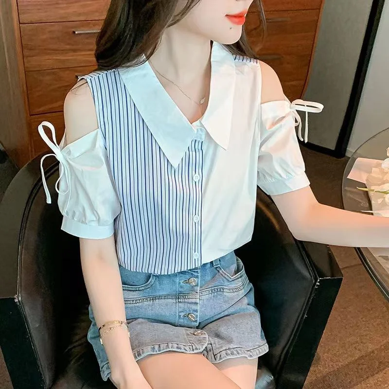 Spring Summer Spring Blouses Shirts Lady Fashion Casual Short Sleeve Turn-down Collar Contrasting Colors Blusas Tops G2455