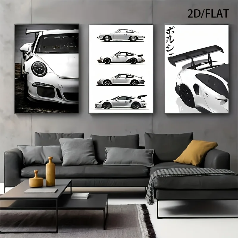 

3pcs 2D/FLAT Modern Luxury Sports Car Frameless Canvas Art Retro Cool Racing Posters Perfect for Bedroom And Living Room Decor
