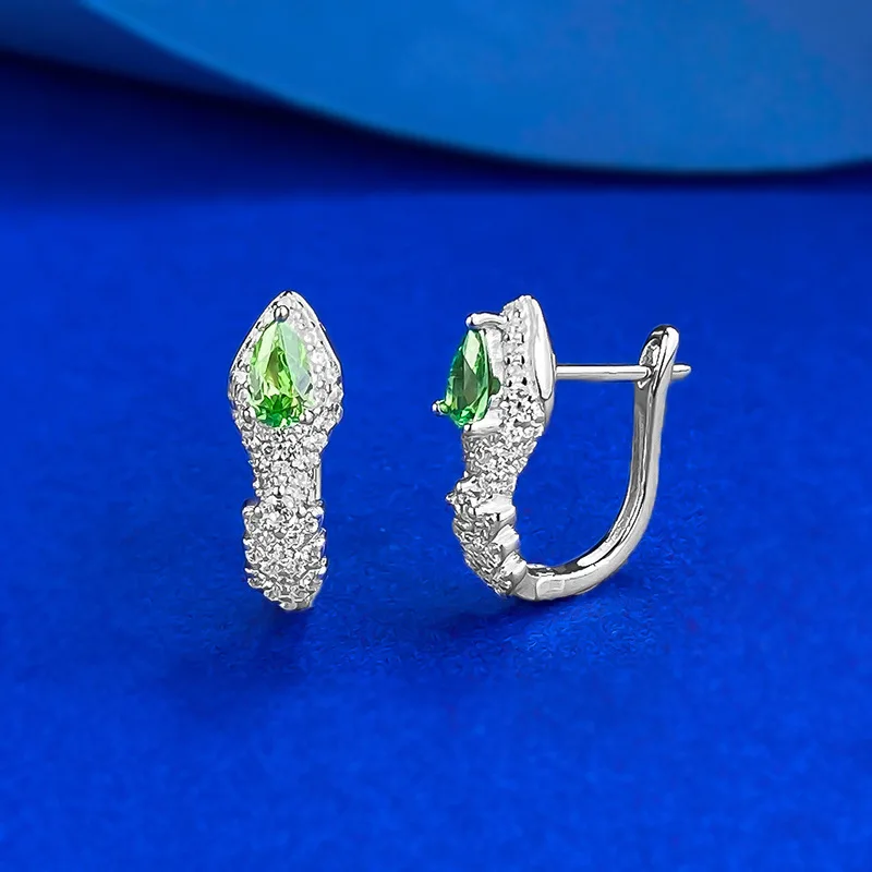 

925 Original Sterling Silver Hoop Clip Earrings for Women Artifical Peridot Snake Shape Fine Jewelry Gift