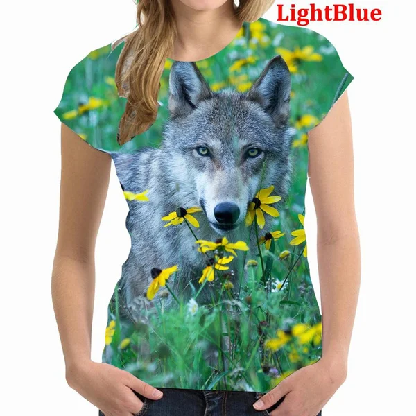 Camiseta feminina impressa lobo 3D, tops de manga curta de animal, blusa feminina, nova moda