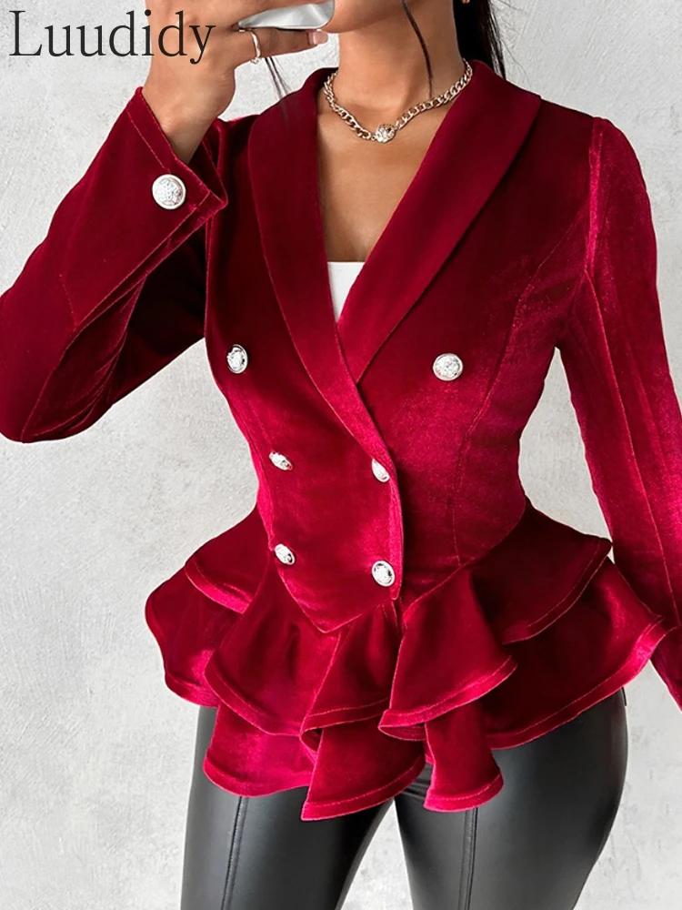 Women Elegant Double Breasted Velvet Ruffles Blazer Coat