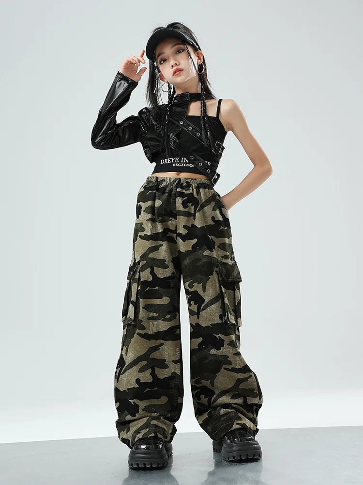 Mädchen Hip Hop Crop Top Manschette Camouflage Cargo Hosen Kleidung Sets Kind PU Leder Street Dance Jogger Kinder Streetwear Kostüme