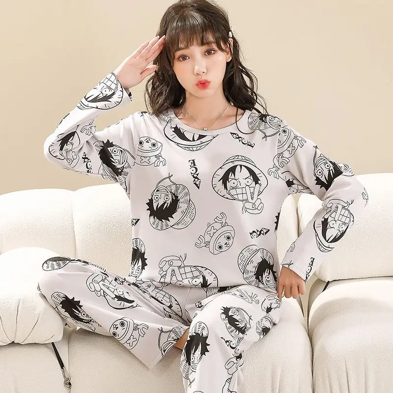 Anime Cartoon One Piece Luffy Women\'s Pure Cotton Pajamas Spring and Autumn New Long Sleeve Large Size Cute Home Clothes Set