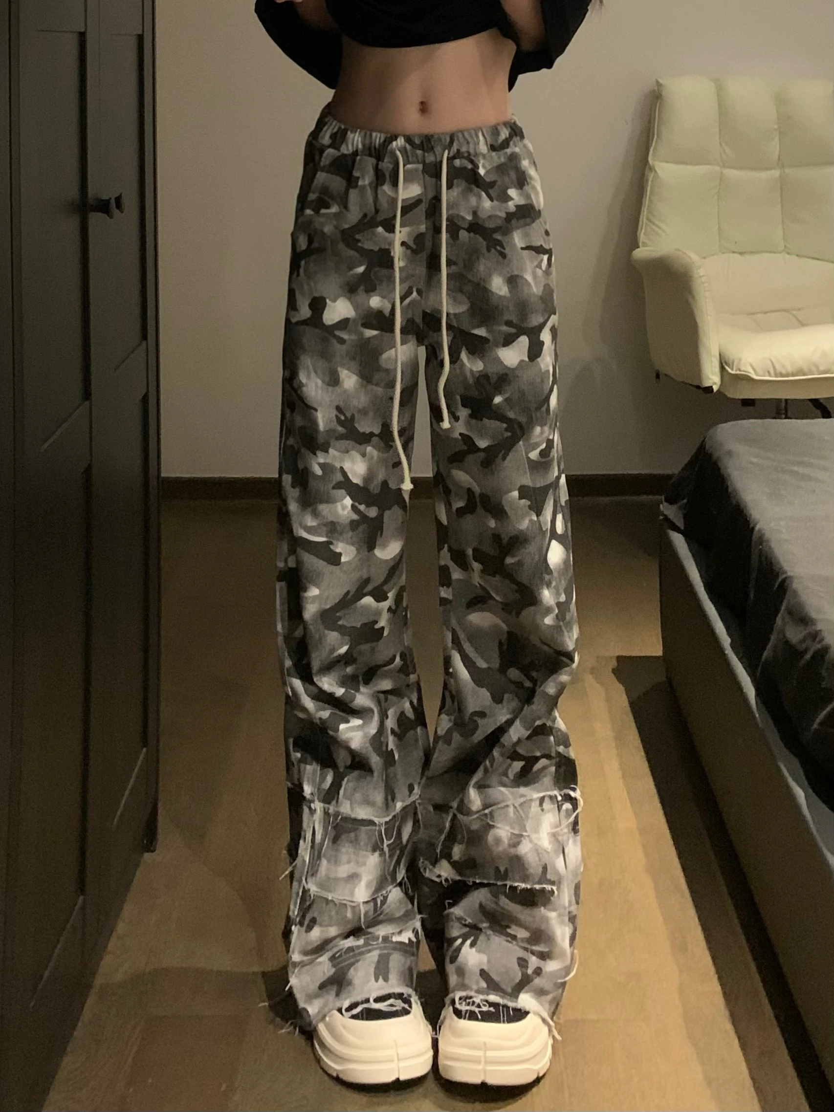 

Retro American Street Camouflage Handmade Destroyed Cords Straight Leg Canvas Trousers Men's Casual Loose Fit Summer Jeans