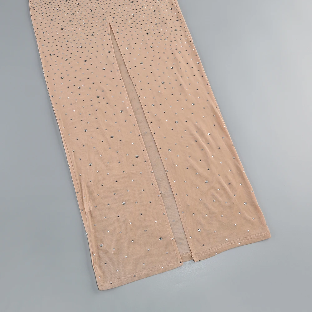 Robe longue en maille nue et cristal – Robe moulante transparente à manches longues pour soirée cocktail et fête d'anniversaire