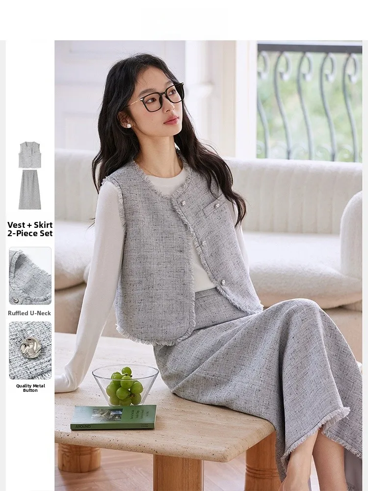 

Vimly Fragrance Style Women's Sleeveless Vest Top Half Skirt Two-Piece Set Autumn New Fashion round Neck Button Polyester Fiber