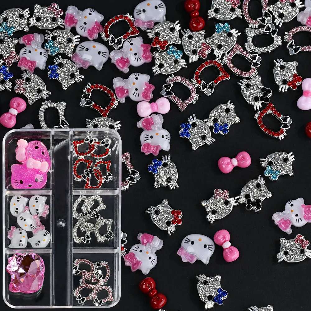 1 Box Alloy Crystal Hello Kitty Nail Charms Kawaii Shiny Kitty Head Bow Diamond Nail Art Rhinestone DIY Manicure Decoraiton