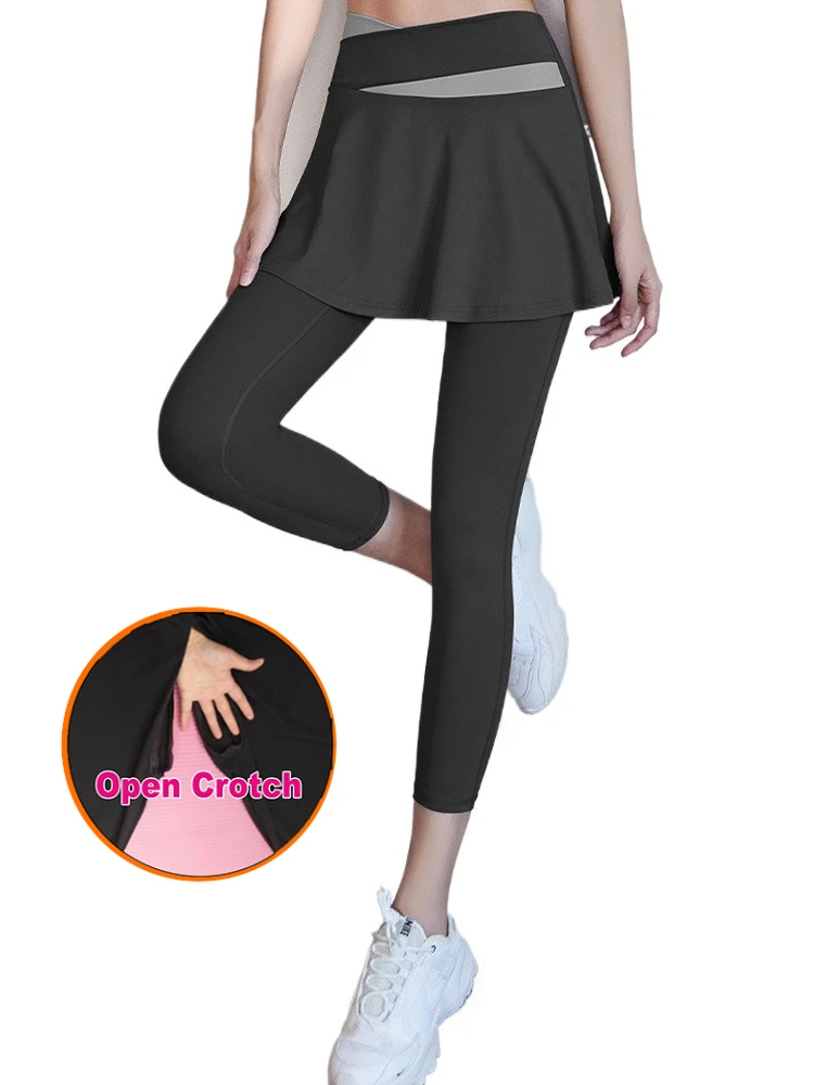 Faux pantalon de Fitness deux pièces pour femmes, avec jupe, fermeture éclair, entrejambe ouvert, rencontres en plein air, sans sexe, pratique